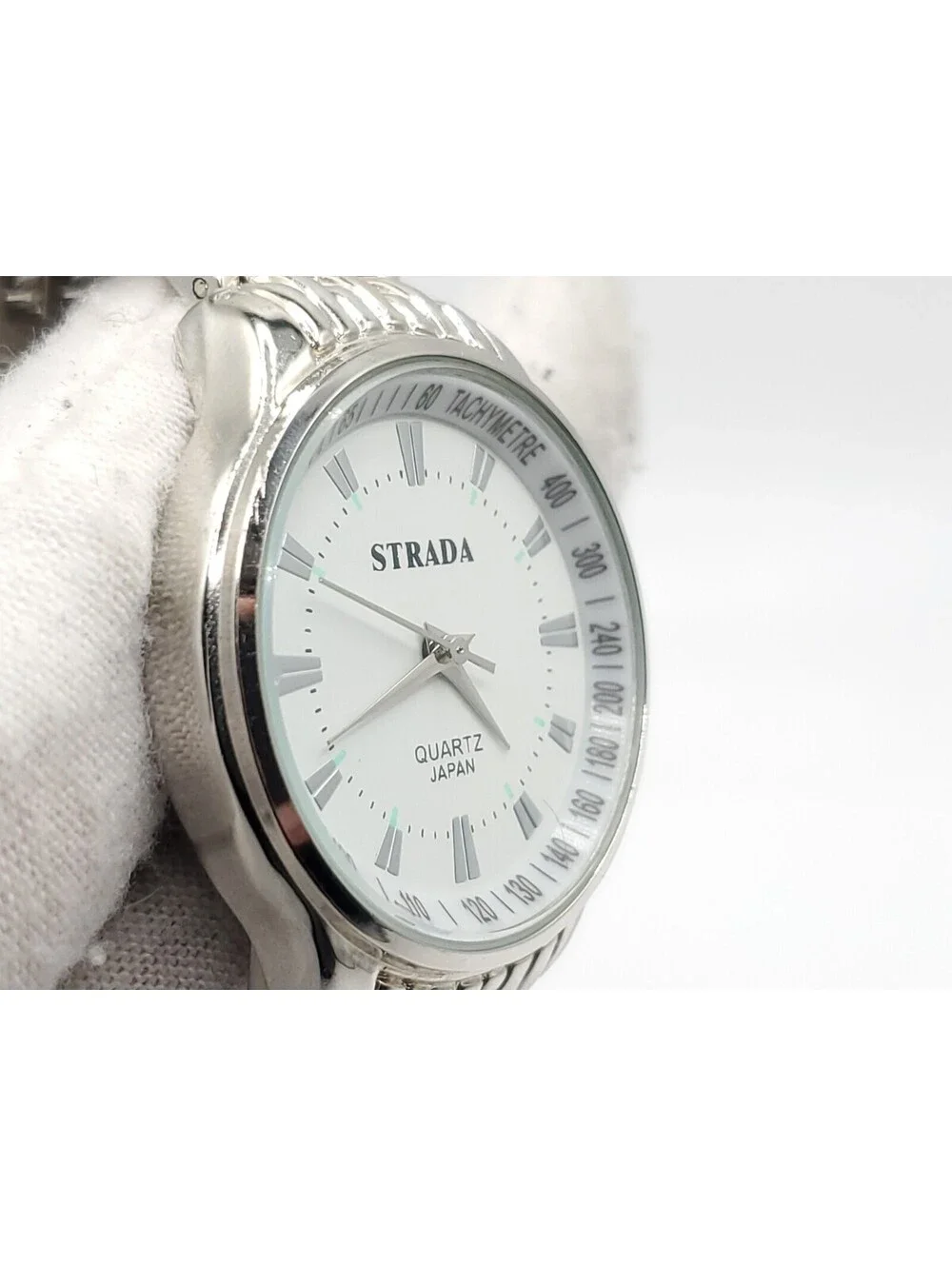 Strada Quartz Womens Watch New Battery Silver Tone Tachymetre White Dial 32mm